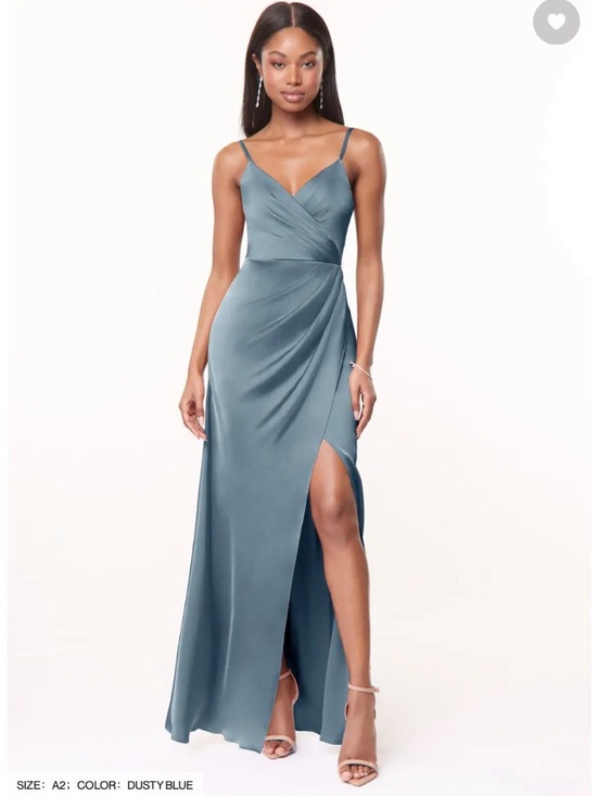 Azazie Dresses & Skirts - Azazie Dusty Blue Satin Wrap-Front Maxi Dress with High Slit